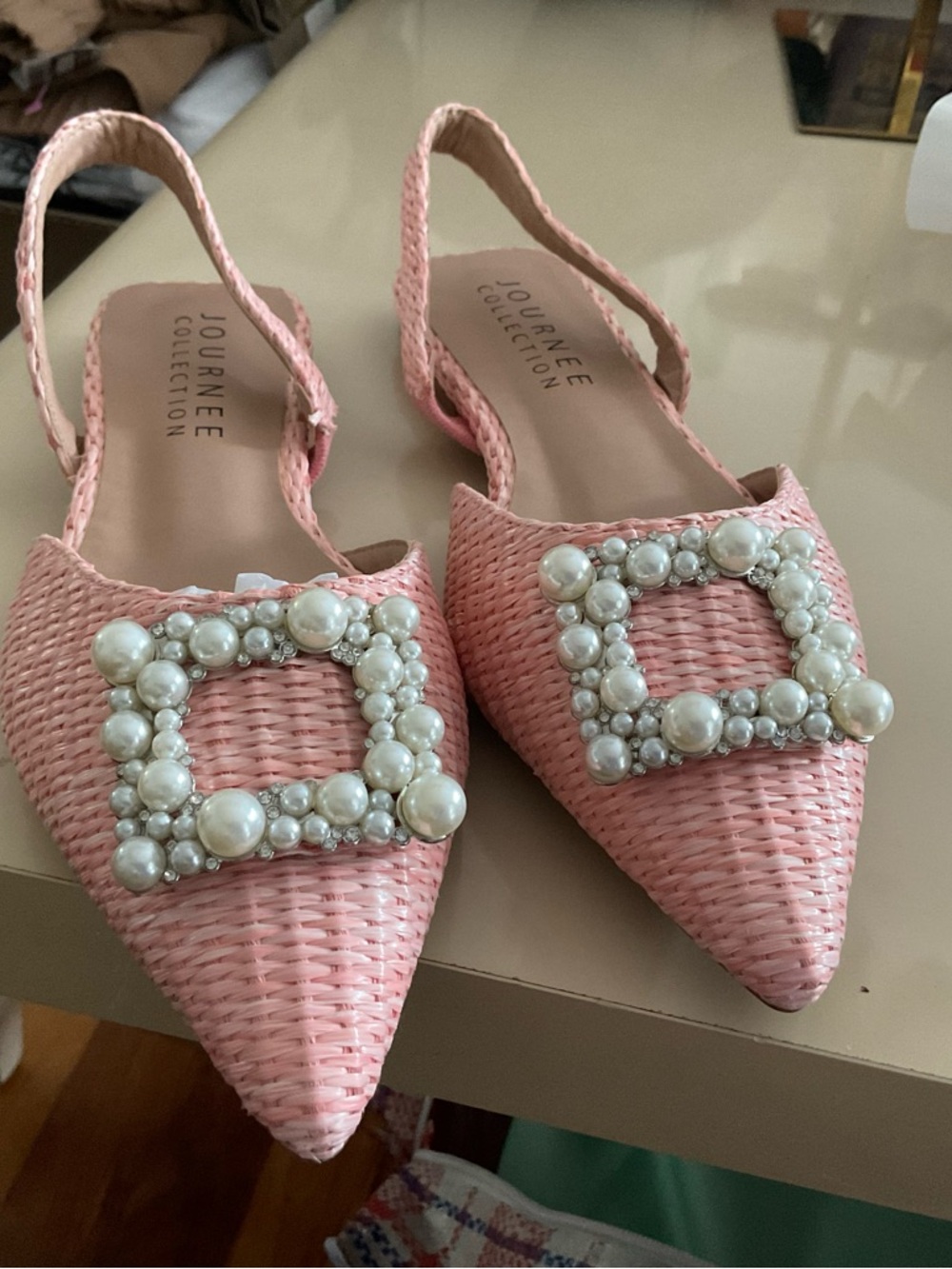 Journee Collection Pink Pearl-Accented Woven Slingback Flats